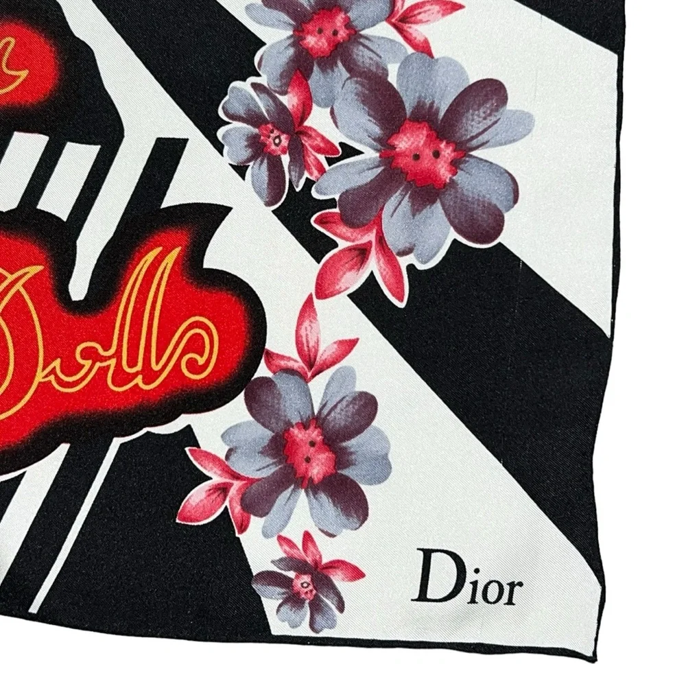 AUTH VTG Christian Dior Dolls Logo Floral Print Silk Large Square Scarf Top